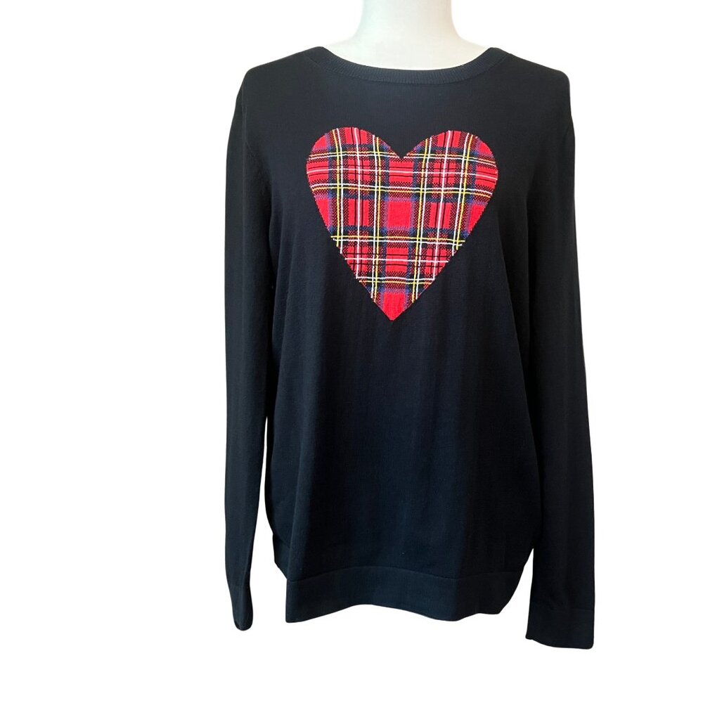 J.Crew Black Tartan Plaid Heart Cotton Crewneck Sweater Women’s Large Pullover